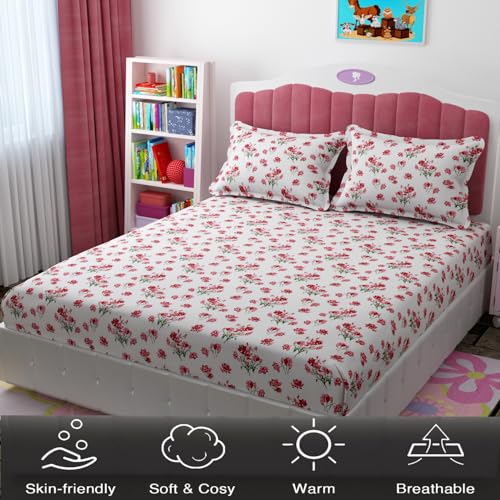 Image of 240 TC Soft Ezyption Cotton Floral Print King Double Bed bedsheet - with 2 Pillow Covers,bedsheet for Double Bed King Size Hypoallergenic, Brethable, (Size- 90 x 90 Inch) Red White