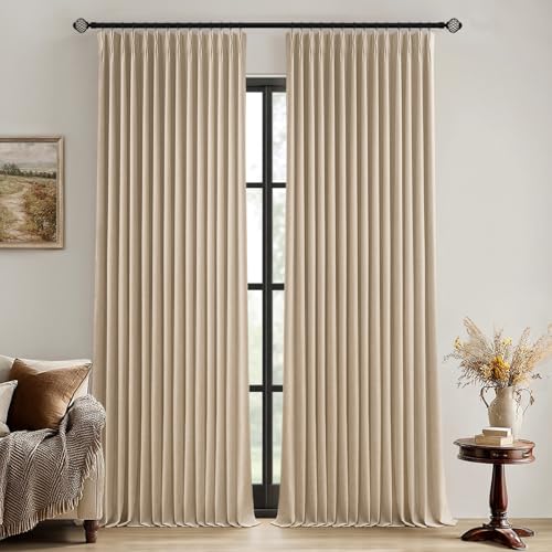 MIULEE Taupe Pinch Pleated 100% Blackout Linen Curtains 108 Inch Long 2 Panels Set, Black Out Memory Trained Pleat Curtains Light Blocking Room Darkening Drapes for Bedroom Living Room Window