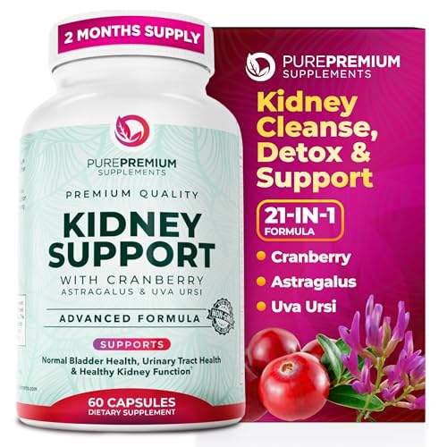 PurePremium Kidney Support Supplement – Kidney Cleanse Detox & Repair with Cranberry Extract & Astragalus - 21-in-1 Complex Supports Normal Bladder,