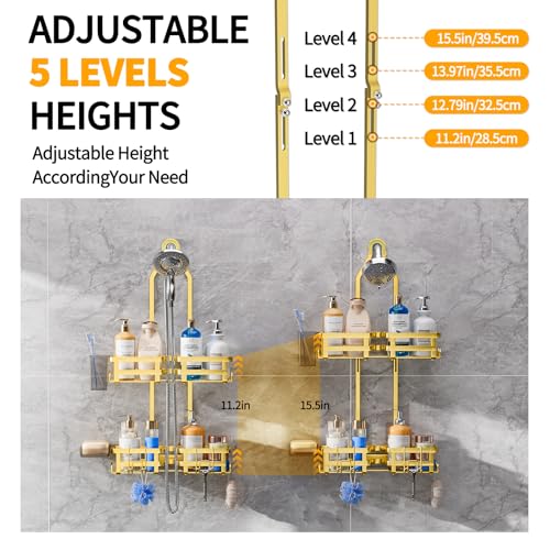 GAOKASE Aluminum Shower Caddy Hanging, Never Rust Shower Organizer- 4 Levels with adjustable Height 10 Hooks for Razor/Sponge - Rack with Soap Basket (Gold) — view 5