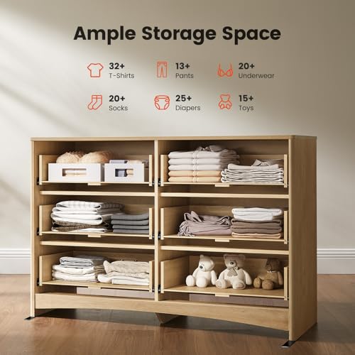 Image of Amada Fluted 6 Drawer Dresser, Modern Wood Chest of Drawers with Rounded Corners, Pre-Installed Drawer Slides, Dresser TV Stand and Storage Organizer for Bedroom, Nursery, Natural Oak