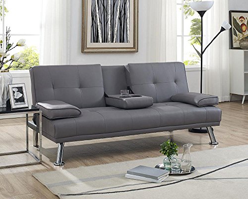 Naomi Home Futon Sofa with Armrest and Cupholders Gray