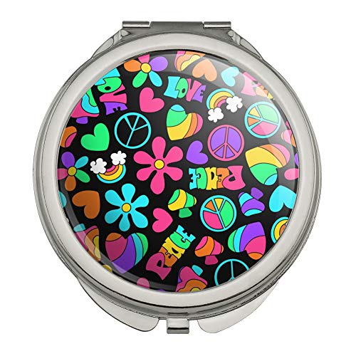 Groovy Hippie Peace and Love Pattern Compact Travel Purse Handbag Makeup Mirror