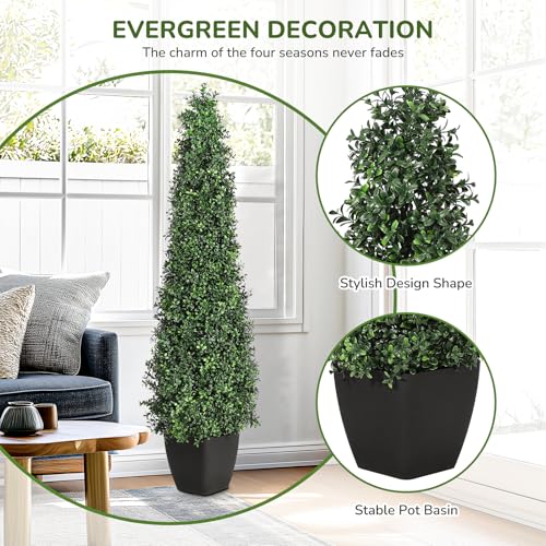 Artificial Boxwood Topiary Trees - Cone Shape Fake Plant with Modern Black Planter, 5FT Faux Outdoor Plants for Indoor Front Porch Plants Set of 2