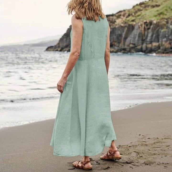 Image of Apvirdy Linen Dress for Women Summer Sleeveless Solid Casual Baggy Flowy Maxi Dresses with Pockets