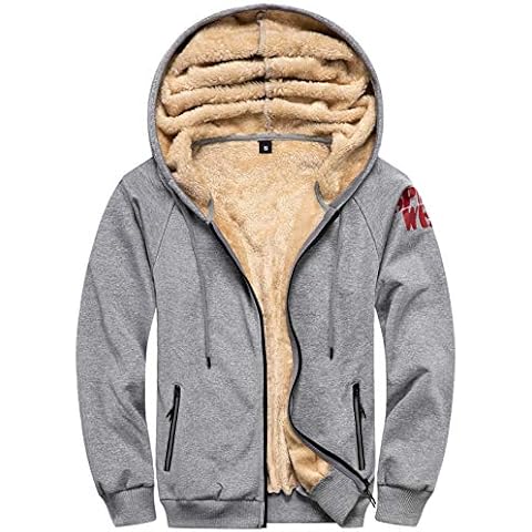 Mens Hoodie Thick Hoodies Full Zip Hoody Winter Warm Long Sleeve Pullover Sweatshirt Fluffy Fleece Hooded Jacket with Drawstring and Pocket(Grey,L) Cover