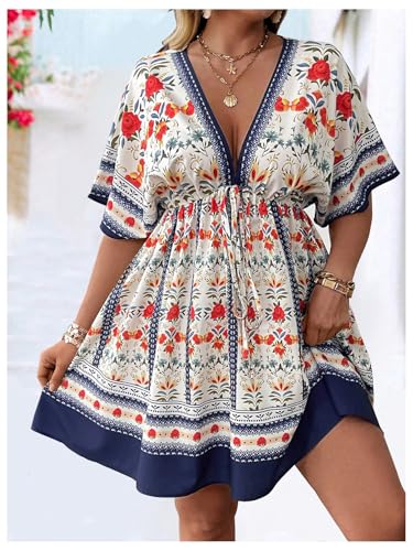 Image of Floerns Women's Plus Size Summer Vacation Wrap V Neck Short Sleeve Ruffle Hem A Line Hawaiian Short Dress