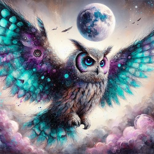 Image of AiYuanzsh 5D Diamond Art Kits for Adults, Fantasy Owl Diamond Painting Dots Art Kits for Adults Beginner, Starry Moon DIY Full Round Gem Crystal Art Paint by Diamonds, Home Wall Decor 13.8x13.8 Inch