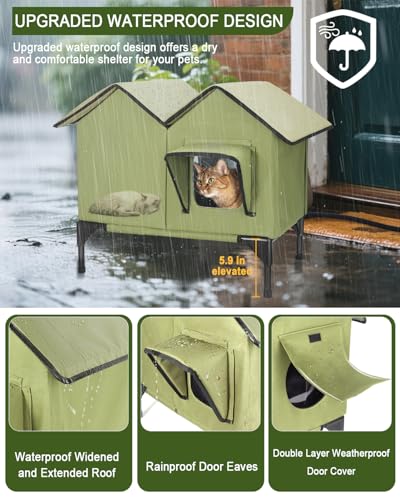 Large Heated Cat House for Outside in Winter, Elevated Insulated Heated Outdoor Cat House Weatherproof with Heating Pad, Waterproof Outdoor Cat Shelter for Multiple Cats Small Dogs(Green) - Image 4