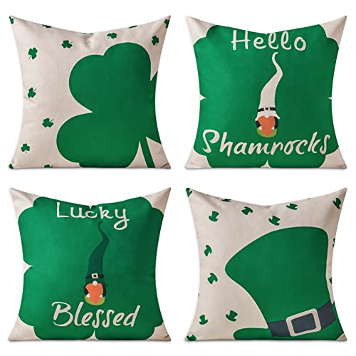 Topfinel St Patricks Day Decorations 18X18 Inches Linen Throw Pillow Covers Set Of 4, Green Clover Shamrocks Lucky Blessed Gnome Top Hat Cushion Cases For Couch Sofa Bed St Patricks Day Home Decor #TOP15