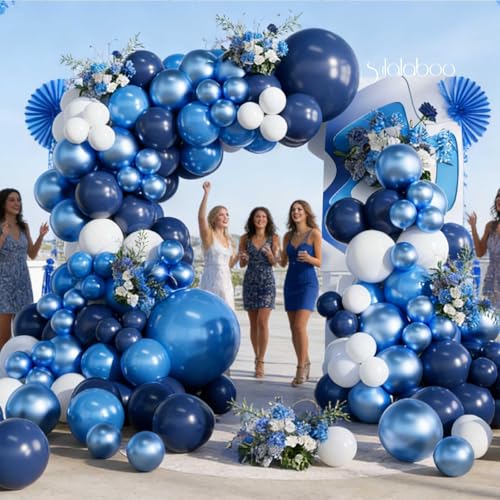 Image of Blue Balloons Arch Kit 155Pcs Navy Light Blue White 18 10 5 Inch | Metallic Blue White Different Sizes Latex Balloon Garland for Birthday Anniversary Fathers Day Party Decorations
