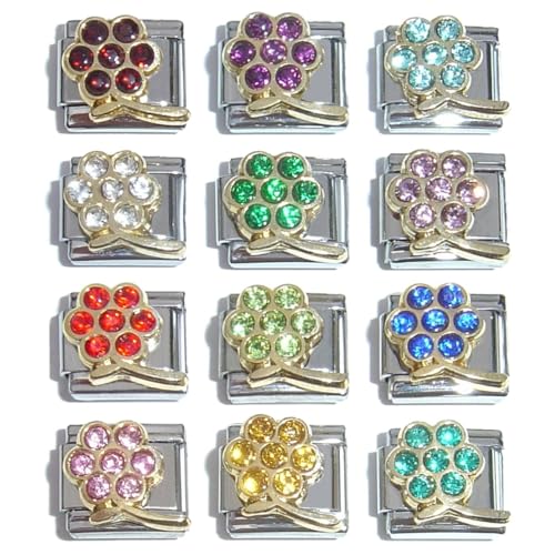 Set of 12 Big Flower Italian Charms - All Months January, February, March, April, May, June, July, August, September, October, November, December