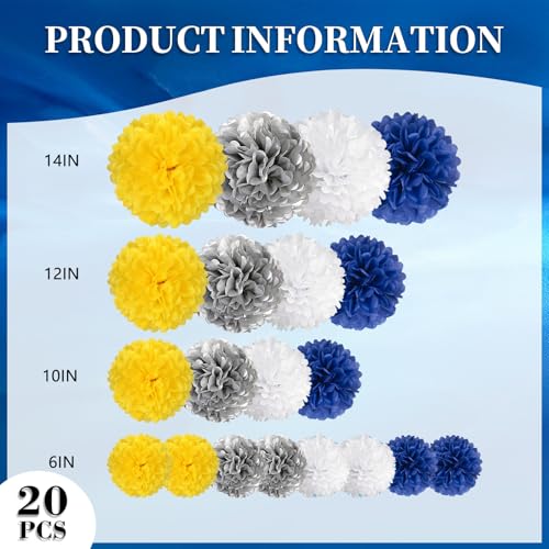 Image of 20 PCS Tissue Paper Pom Poms, Tissue Pom Poms Flowers, Sizes of 6 inch, 10 inch, 12 inch, 14 inch Hanging Paper Flower Ball for Wedding, Birthday, Graduation, Baby Shower Party Decor (Yellow White Silver Blue)