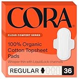 Cora Ultra Thin Organic Cotton Period Pads, Regular Absorbency, with Wings & Dry Wicking Technology (New & Improved 36 Count)