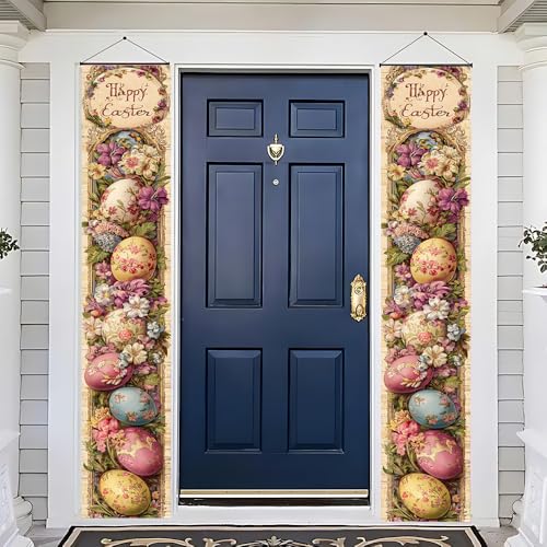 Image of Vintage Happy Easter Banner Pink Floral Eggs Easter Door Decor Porch Sign Easter Decorations for Home Outside 11.81 x 70.87 Inch