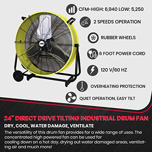 K Tool International 77740; 24 Inch Fan; Heavy Duty Commercial Fan, 2 Speed Motor, Ideal Air Circulator For Greenhouse, Garage, And Patio; Rubber Wheels For Easy Mobility, 6,940 Max Cfm, Safety Yellow #TOP2