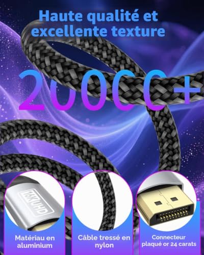 layajia Câble DisplayPort 2.1 16K 2M, Câble DP vers DP Supporte 16K@30Hz 8K@240Hz 4K@240Hz, 80Gbps, HDCP 2.3, HDR DSC 1.2a MST FreeSync G-Sync pour TV PC Carte Graphique Moniteur – vue 8