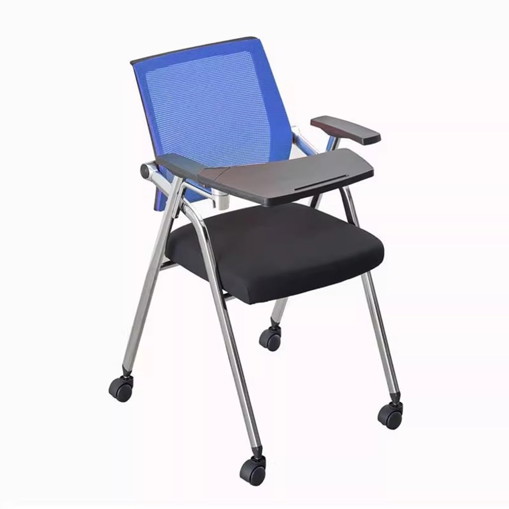 MYUYEE Folding Office Chair With Desk Attached And Wheels,Mesh Guest Reception Chairs With Arm,Rolling Chair For Office,School,Training Waiting Room (Blue)
