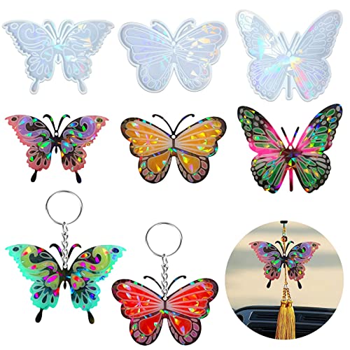 Souarts Silicone Moulds for Resin Keychain Holographic Mirror Epoxy Resin Moulds Butterfly Silicone Moulds Pendant Resin for Jewellery Resin Keyring Making Kit DIY Crafting(White-3PCS Butterfly)