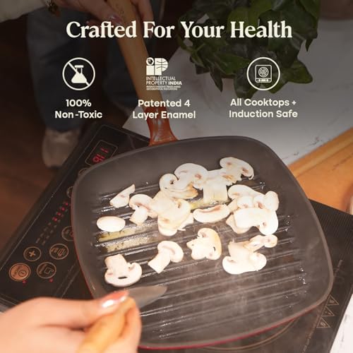 Image of CUMIN CO. Cast Iron Grill Pan | 24 cm, 1.2L | Induction Base Cookware | 10 Year Warranty | Non Toxic Non Stick Pan for Kebab and Tikkas | Chemical Free Coating | Grill Safe | Color: Rust