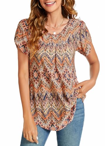 SUNNEGOO Women's Short Sleeve Tops Summer Shirts Loose Casual Flowy Blouses Pleated Print Tunic Tops for Women