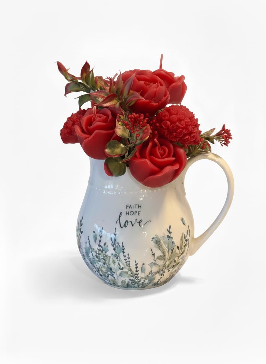Handcrafted Beeswax Rose Candle Bouquet, Faith Hope Love Ceramic Pitcher, Pink Floral Arrangement, Romantic Home Decor, 10 Pieces (Yellow, Lemon)