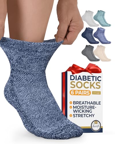 Pembrook Diabetic Socks for Men & Women - 6 Pairs Wide Non Binding Quarter Length Socks in Black, White and Beige
