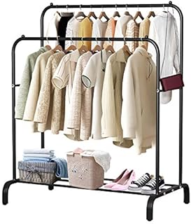 Voilamart Double Hanging Rails for Clothes Heavy Duty Garment Rail Free Standing Metal Clothing Rack Commercial Coat Rail with Shelf for Shoes Boxes, Black