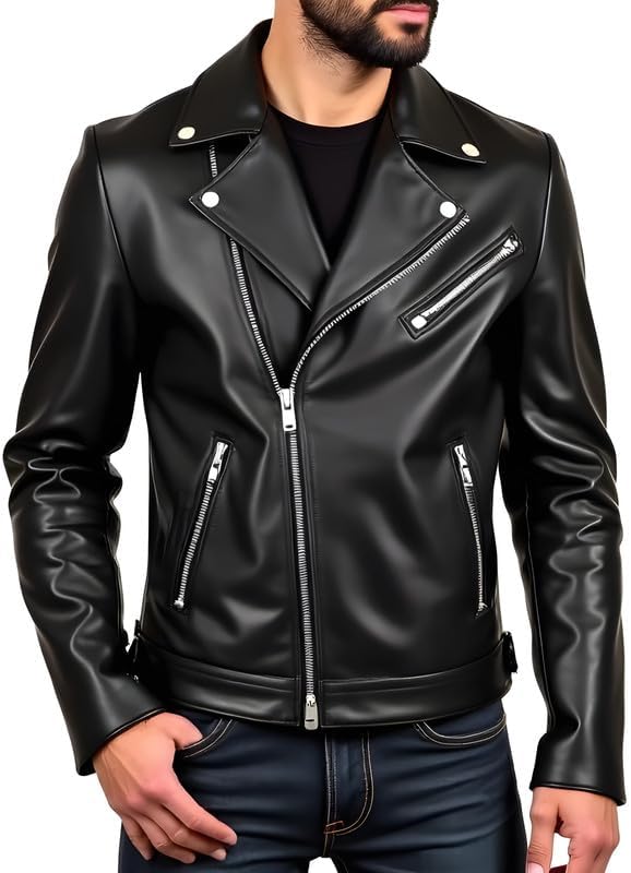 Iconic Men's Black Leather Motorcycle Jacket - Slim Fit Biker Coat with Asymmetrical Zipper