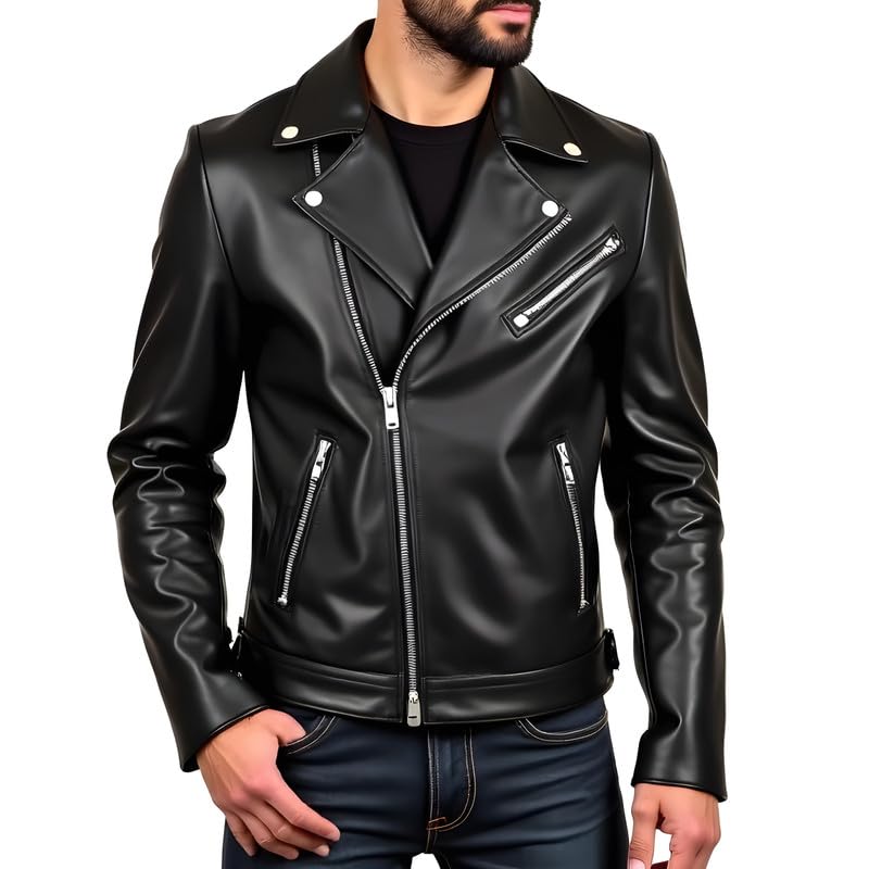 Iconic Men's Black Leather Motorcycle Jacket - Slim Fit Biker Coat with Asymmetrical Zipper