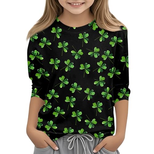 Camiseta de manga larga con diseño de trébol y cuello redondo, ajuste cómodo, para el día a día, tiempo libre, escuela, 01-negro, 130