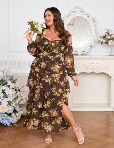 Image of EYWOL Plus Size Long Sleeve Floral Tiered Semi Formal Wedding Guest Dress