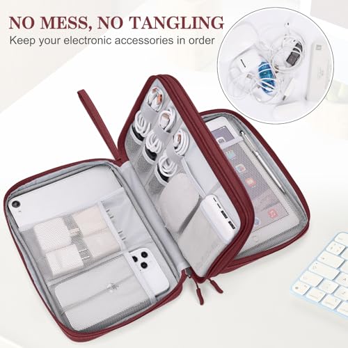 Image of FYY Electronic Organizer, Extra Large Travel Cable Organizer Bag Pouch Portable Waterproof Double Layers All-in-One Storage Bag for iPad, Cable, Power Bank, Laptop Charger for Office /Home, Wine Red