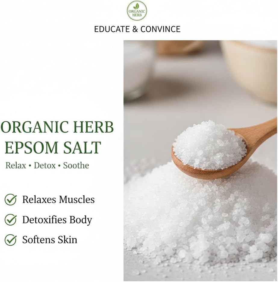 Organic Herb Epsom Salt, Premium Magnesium Sulfate Soaking Salt, USP Grade, Unscented, Ideal for Bath Soak, Foot Soak & Muscle Relaxation, 8 oz (227g)