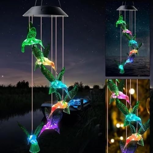 Solar Green Hummingbird, Color Changing Wind Chimes for Outside, Waterproof Solar Powered Wind, Solar Light LED Multi-Color Light Cover Gift for Christmas Garden Decor (Green Hummingbird)