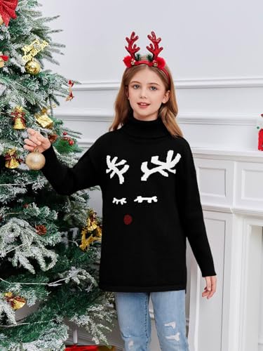 Haloumoning Girls Christmas Sweater Kids Oversized Turtleneck Cute Reindeer Sweaters with Side Slit3