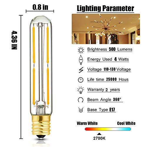 E17 T6.5 Led Tubular Filament Bulb,Dimmable 4W Led Tube Bulbs, 500Lm, 2700K Warm White, 40 Watt Incandescent Bulb Equivalent, For Exit Sign Light, Refrigerator, Freezer, 6 Pack. #TOP1