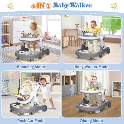 Image of Baby Walker with Wheels, 4 in 1 Foldable Baby Walkers for Boys Girls 6-18 Months, 3 Level Height Adjustment with Bouncing, Feeding Tray & Music, Baby Walker with Activity Center, Toddler Push Walker