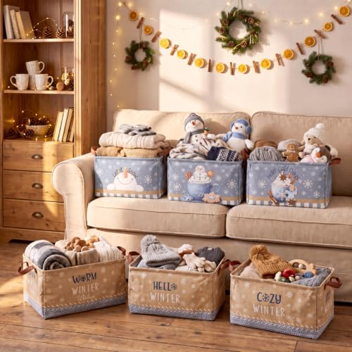 CHENGU 6 Pack Winter Storage Bin Collapsible Winter Basket for Gifts Snowman Holiday Decor Large Hot Cocoa Basket Foldable Box Storage Bags Totes with Handle for Clothes Packing Bedroom Office Home - Image 7