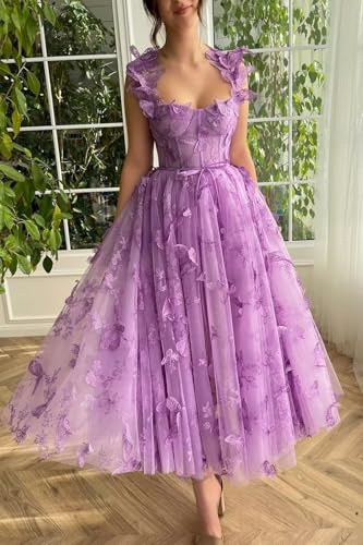 Tulle Prom Dress 3D Butterfly Spaghetti Straps Applique Tea Length Formal Evening Gown4