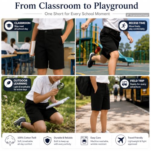 Image of Bienzoe Boys School Uniform Shorts: Flat Front Cotton Bermuda - Adjustable Waist - Breathable for Church Outdoor - Aged 4-13