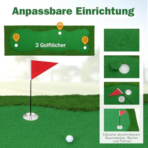 300 x 100cm Golf Übungsmatte, Golfmatte mit Kunstrasen, 2 Bälle, 3 Löcher, 3 Fahnen & Putting Cups, Puttingmatte faltbar für Indoor & Outdoor, Putting Green Golf Trainingsmatte für Zuhause