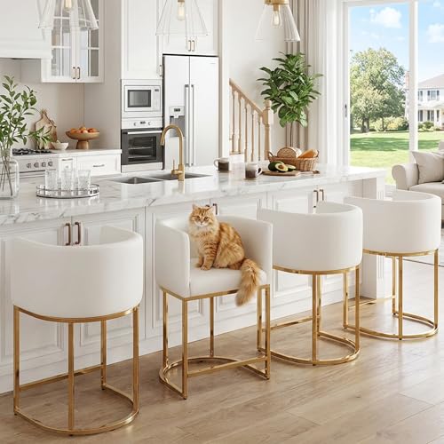 Image of HNY Modern Barrel Counter Height Gold Clearance Bar Stools Set of 4, 24 Inch Kitchen Bar Stools with Back, PU Leather Barstools Bar Height for Island with Golden Metal Tubular Frame, White
