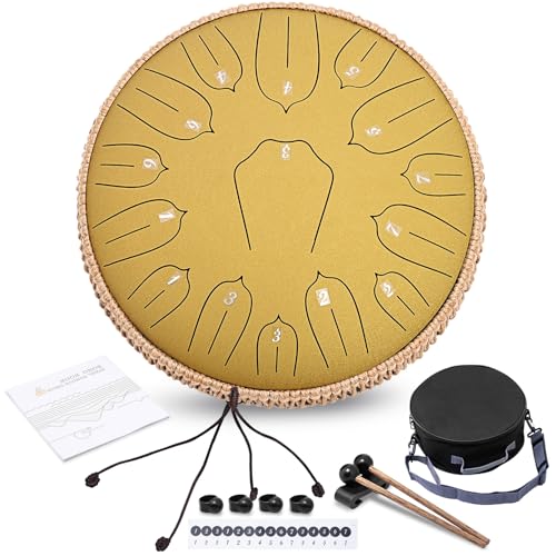 Steel Tongue Drum – 13 Inch 15 Notes C-key Handpan Drum Percussion Instruments with Music Book for Musical Education Entertainment Meditation Concert Mind Healing Yoga Zen (Yellow)