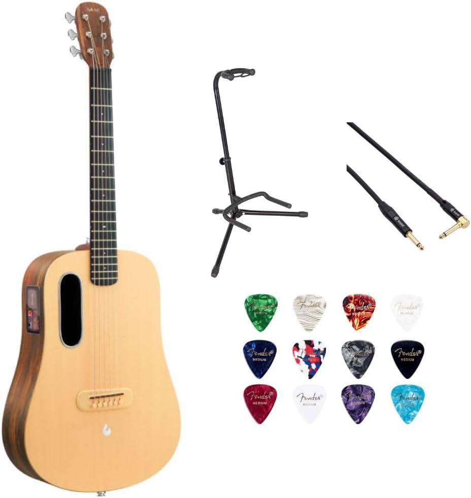 LAVA ME 4 Spruce 41" with Airflow BagWoodgrain Brown & Burlywood Bundle with Rok-It Tripod Guitar Stand, Kopul PREM Performance Series Right Angle Cable and Celluloid Guitar Picks Shape Medium 12-Pack
