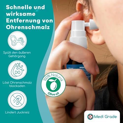 Medi Grade Olivenöl Spray Ohrenschmalz Entferner Spray bei Verstopften Ohren, 20 ml – 100% Natürliches, Weicht Verhärtetes Ohrenschmalz auf und Ablagerungen – Über 50 Effektive Ohrenreinigung Spray