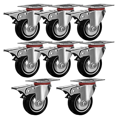 Pack of 8, 75mm up to 500KG Heavy Duty Castor Wheels Rubber Base with Brake - No Floor Marks Silent Castor for Furniture Trolleys