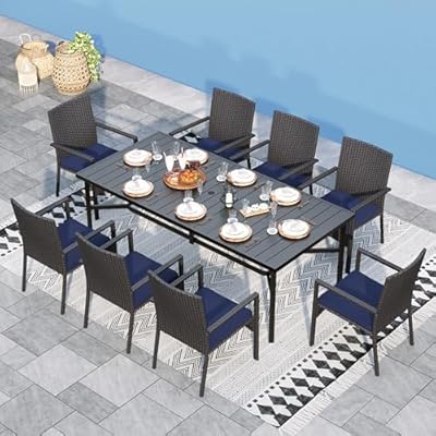 Sophia & William 9 Pieces Patio Dining Set for 8, Outdoor Patio Table and Rattan Chairs Set, 83" L Extra Large Rectangular Table, 1.75" Umbrella Hole, Beige Removable Seat Cushions