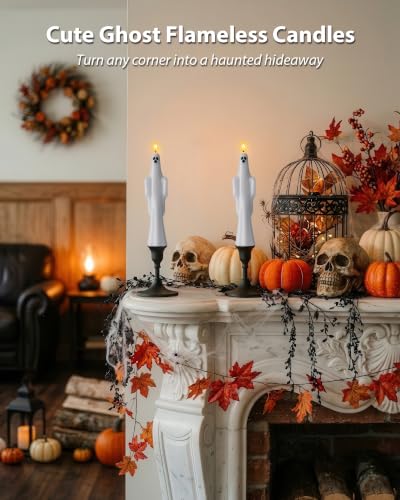 Image of Homemory 2 Pcs Real Wax Ghost Flameless Taper Candles, 3D Wick Flickering Led Candlesticks 9.6 Inch Battery Operated with Remote & Timer, Spooky Halloween Gothic Indoor Decor