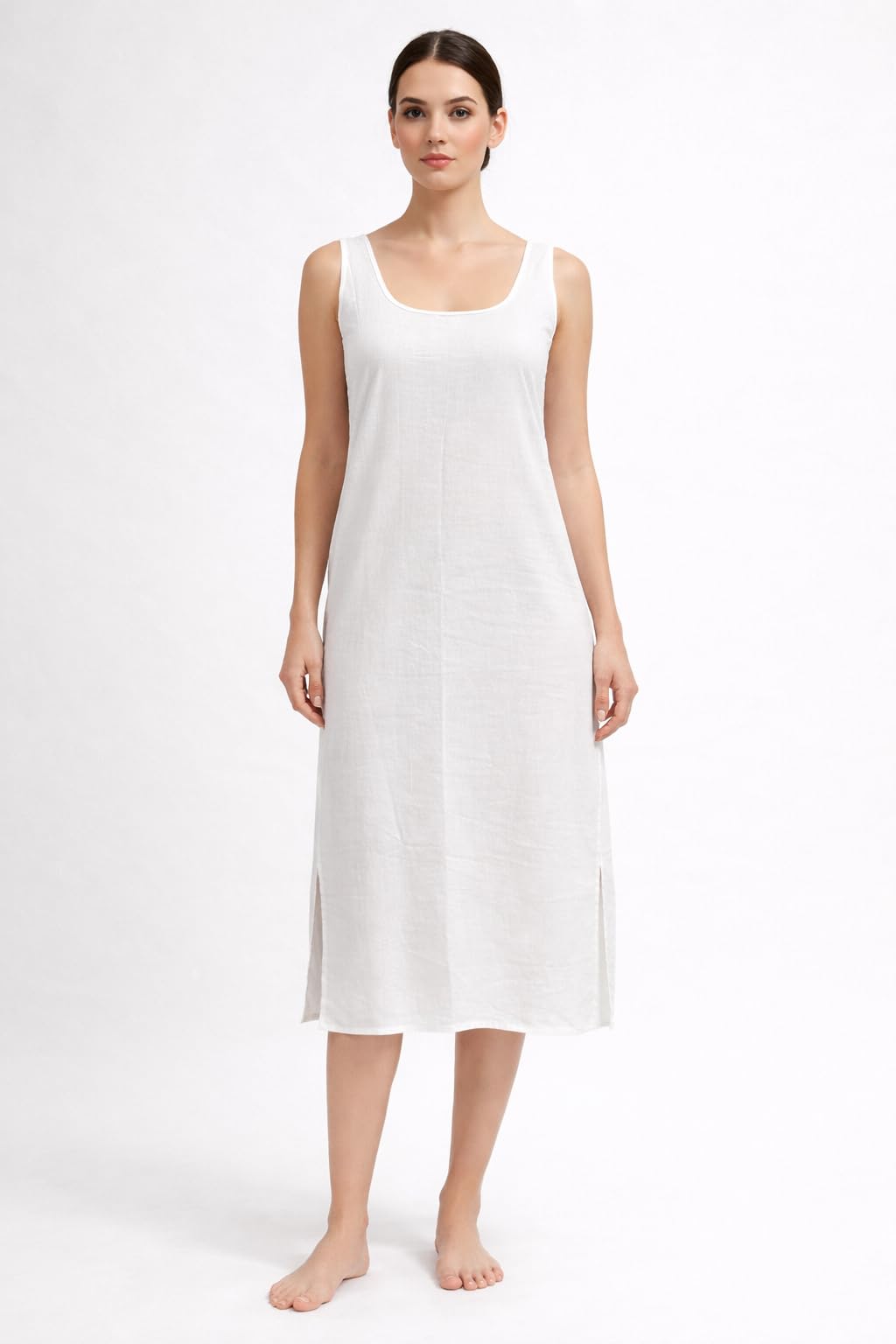 Dyeable Cotton Full Length Inner Slip for Women, Sleeveless Camisole, Off-White, 104 cm Long with 53 cm Side Slit, Size - S-3XL-image-29